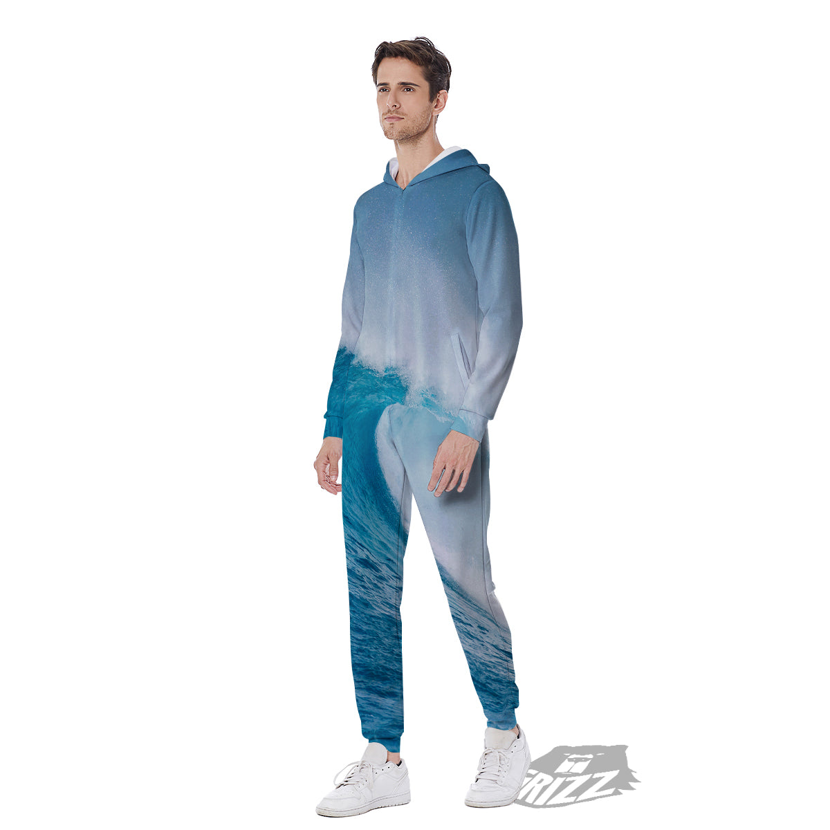 Blue Ocean Wave Print Men's Jumpsuit-grizzshop