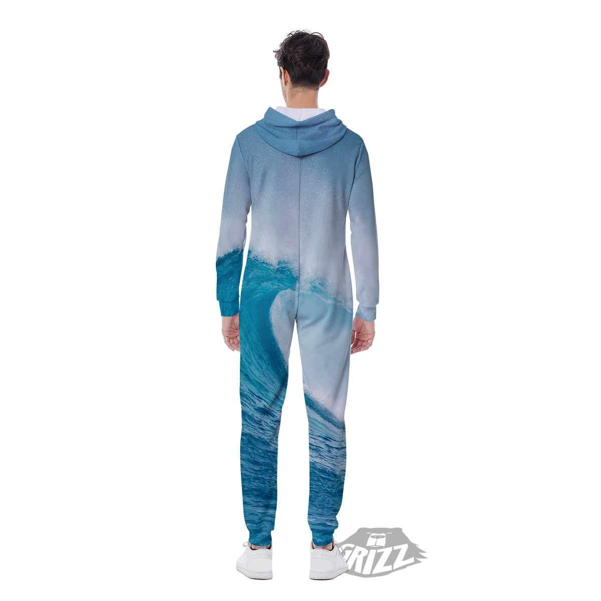 Blue Ocean Wave Print Men's Jumpsuit-grizzshop