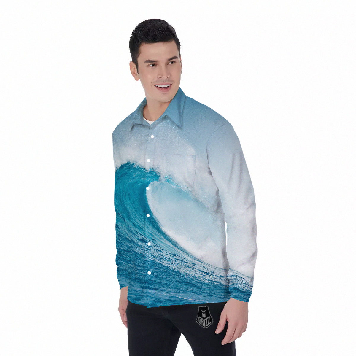 Blue Ocean Wave Print Men's Long Sleeve Shirts-grizzshop