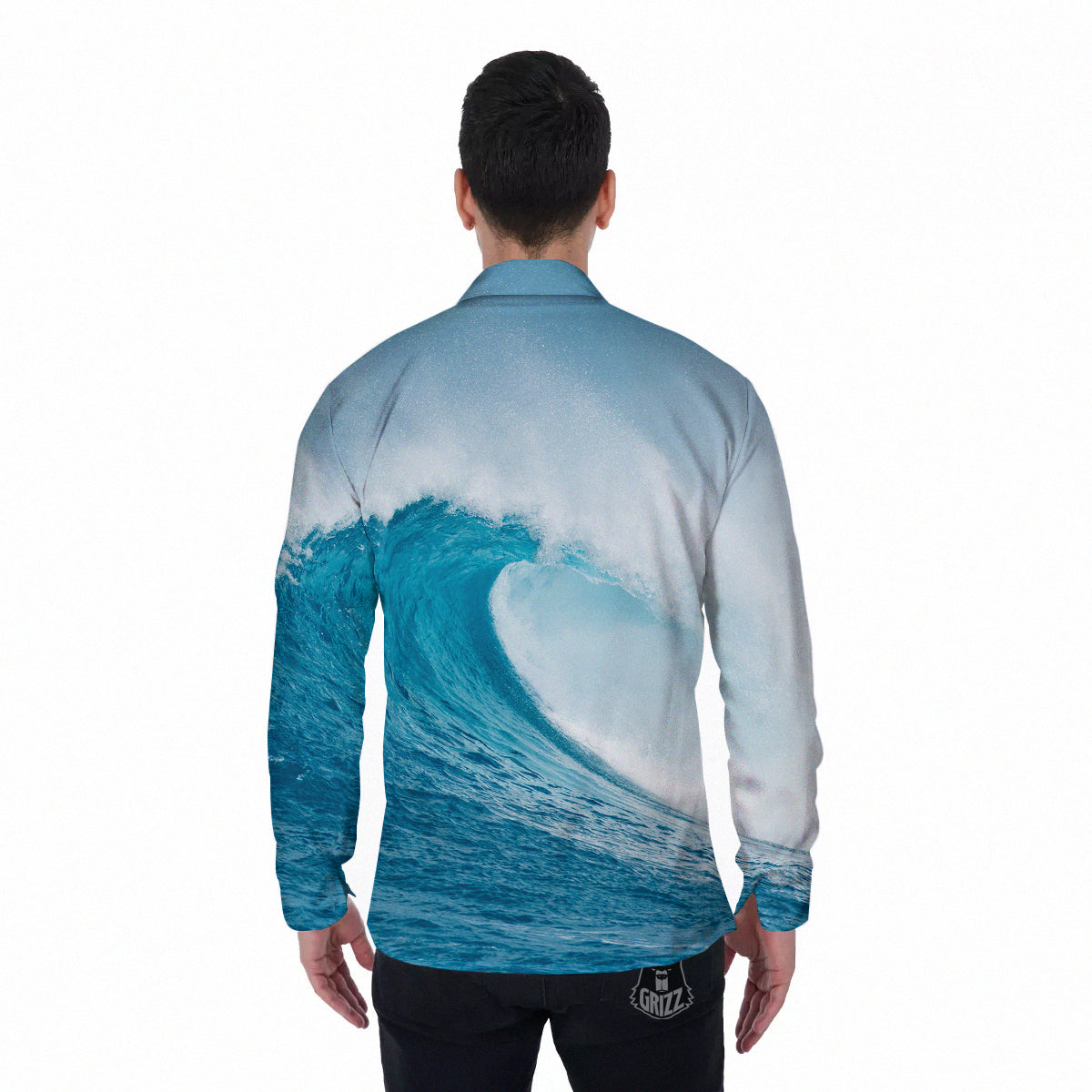 Blue Ocean Wave Print Men's Long Sleeve Shirts-grizzshop