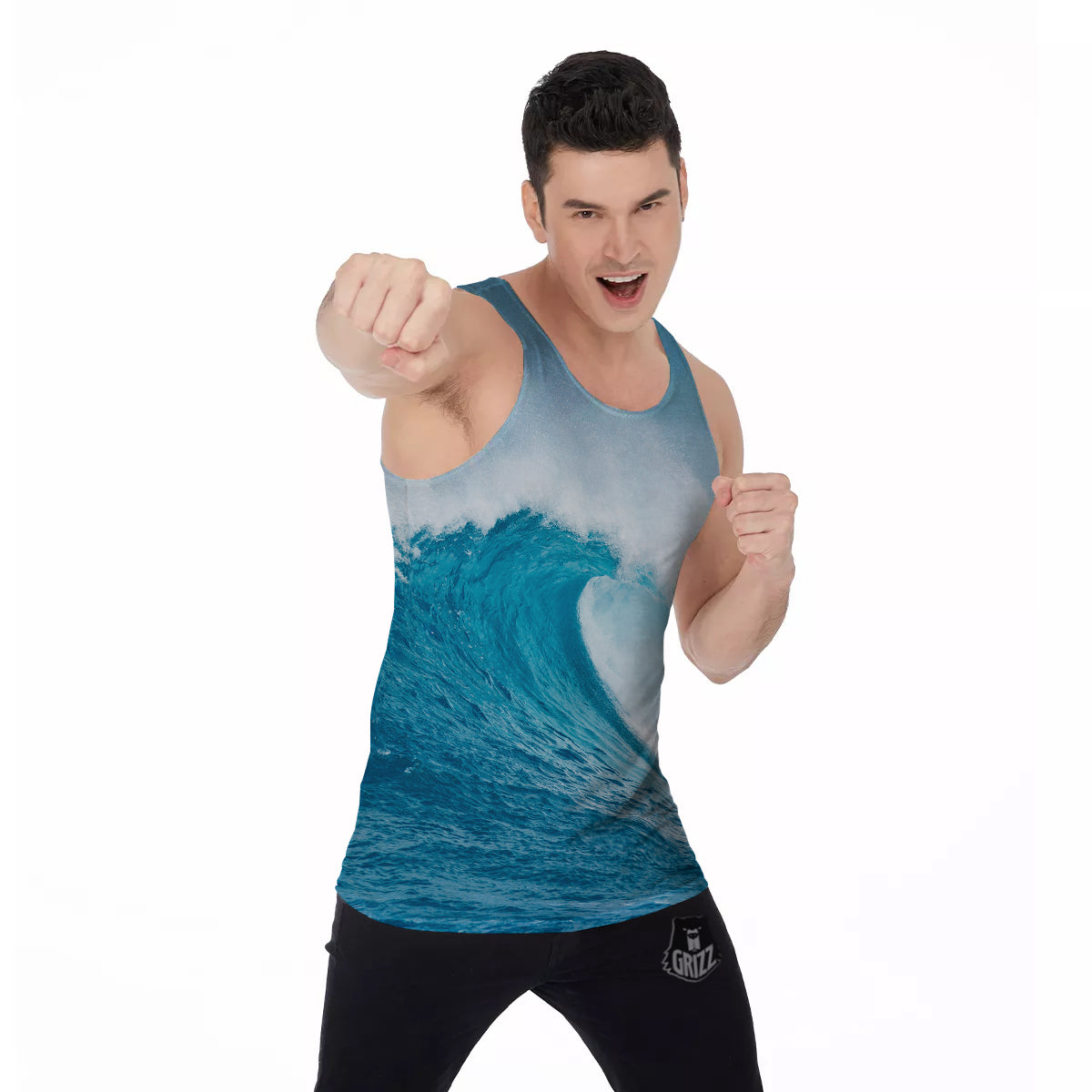 Blue Ocean Wave Print Men's Tank Top-grizzshop