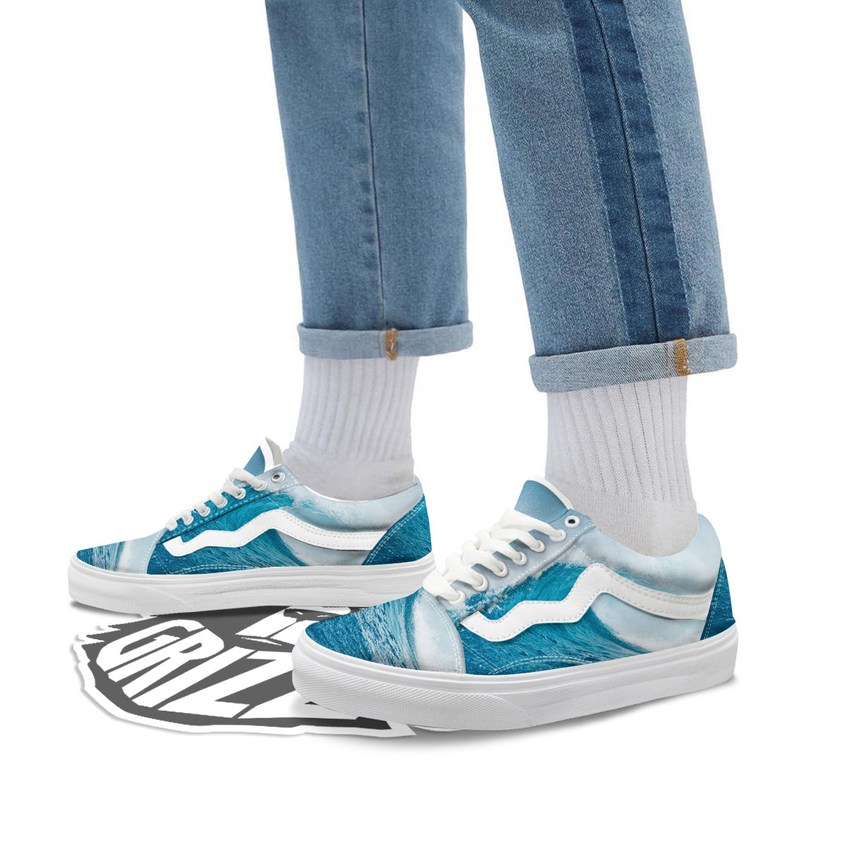 Blue Ocean Wave Print Skate Shoes-grizzshop