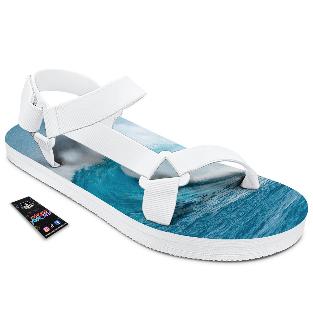 Blue Ocean Wave Print White Open Toe Sandals-grizzshop