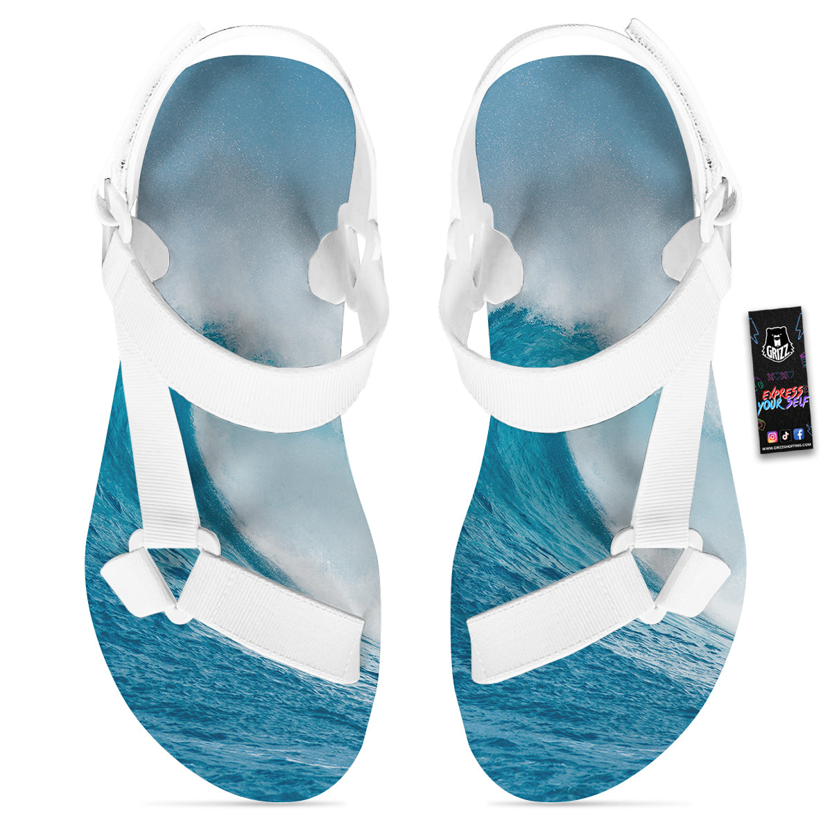 Blue Ocean Wave Print White Open Toe Sandals-grizzshop