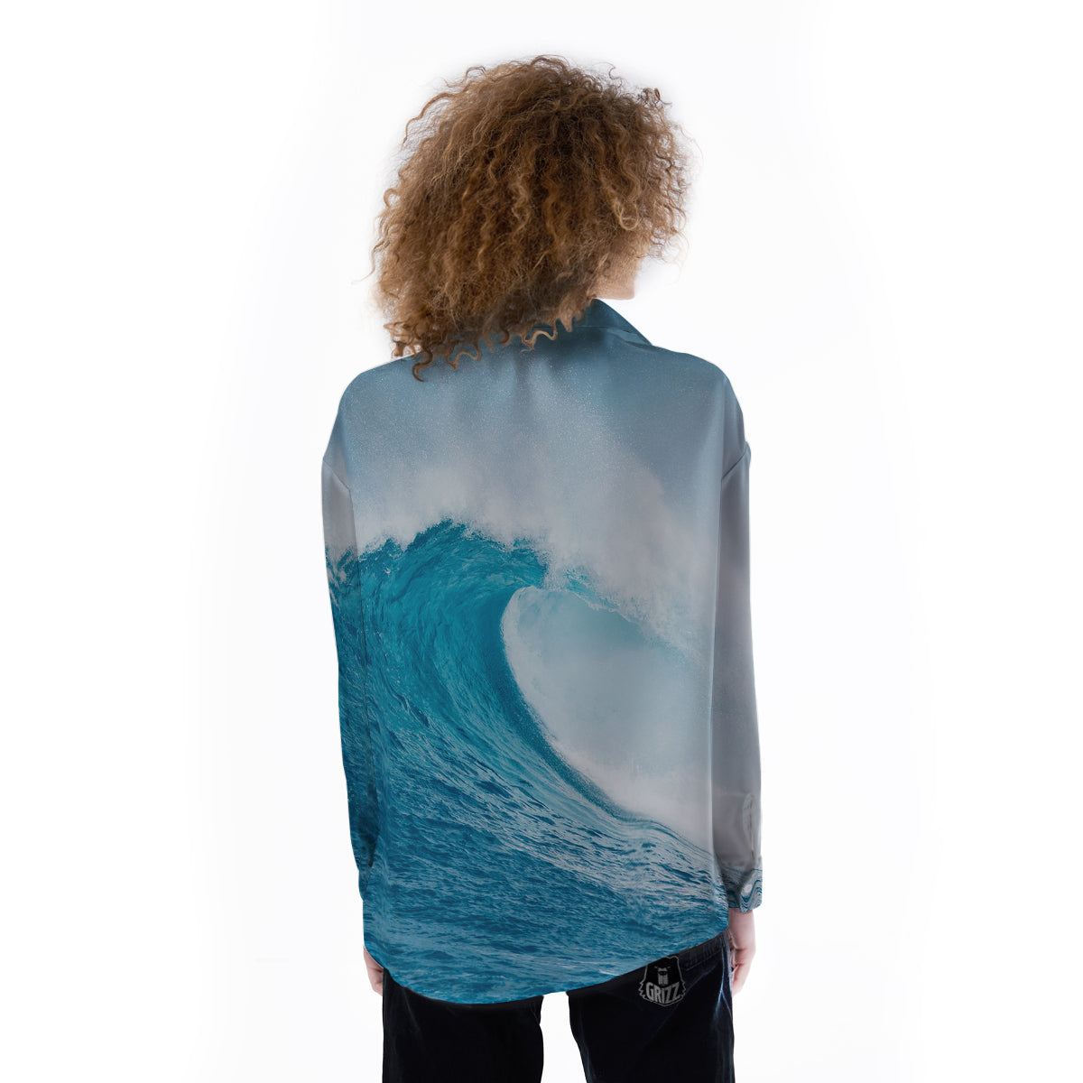 Blue Ocean Wave Print Women's Long Sleeve Shirts-grizzshop