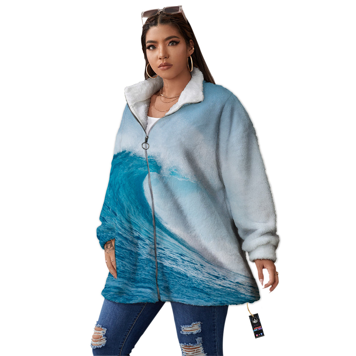 Blue Ocean Wave Print Women's Sherpa Jacket-grizzshop