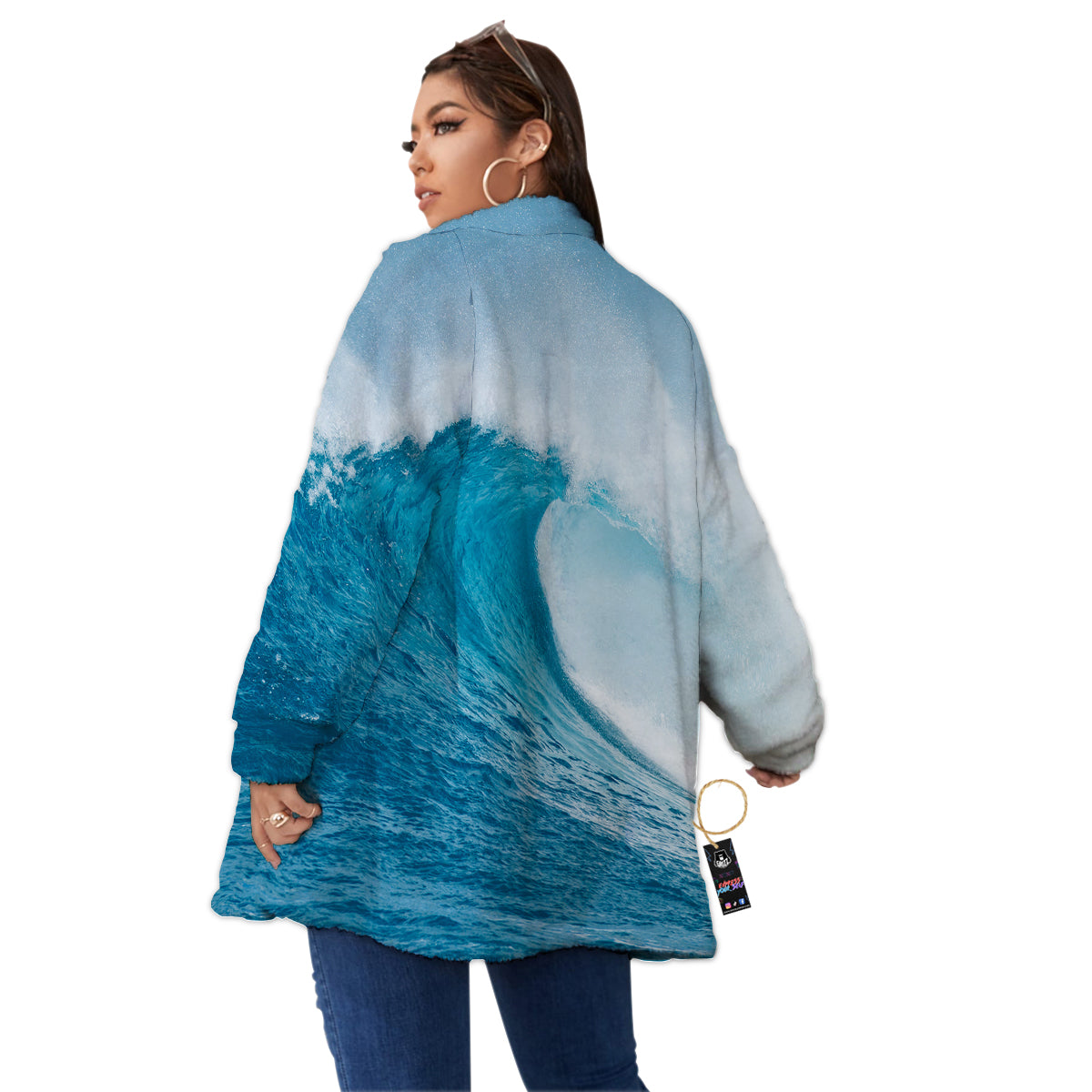 Blue Ocean Wave Print Women's Sherpa Jacket-grizzshop