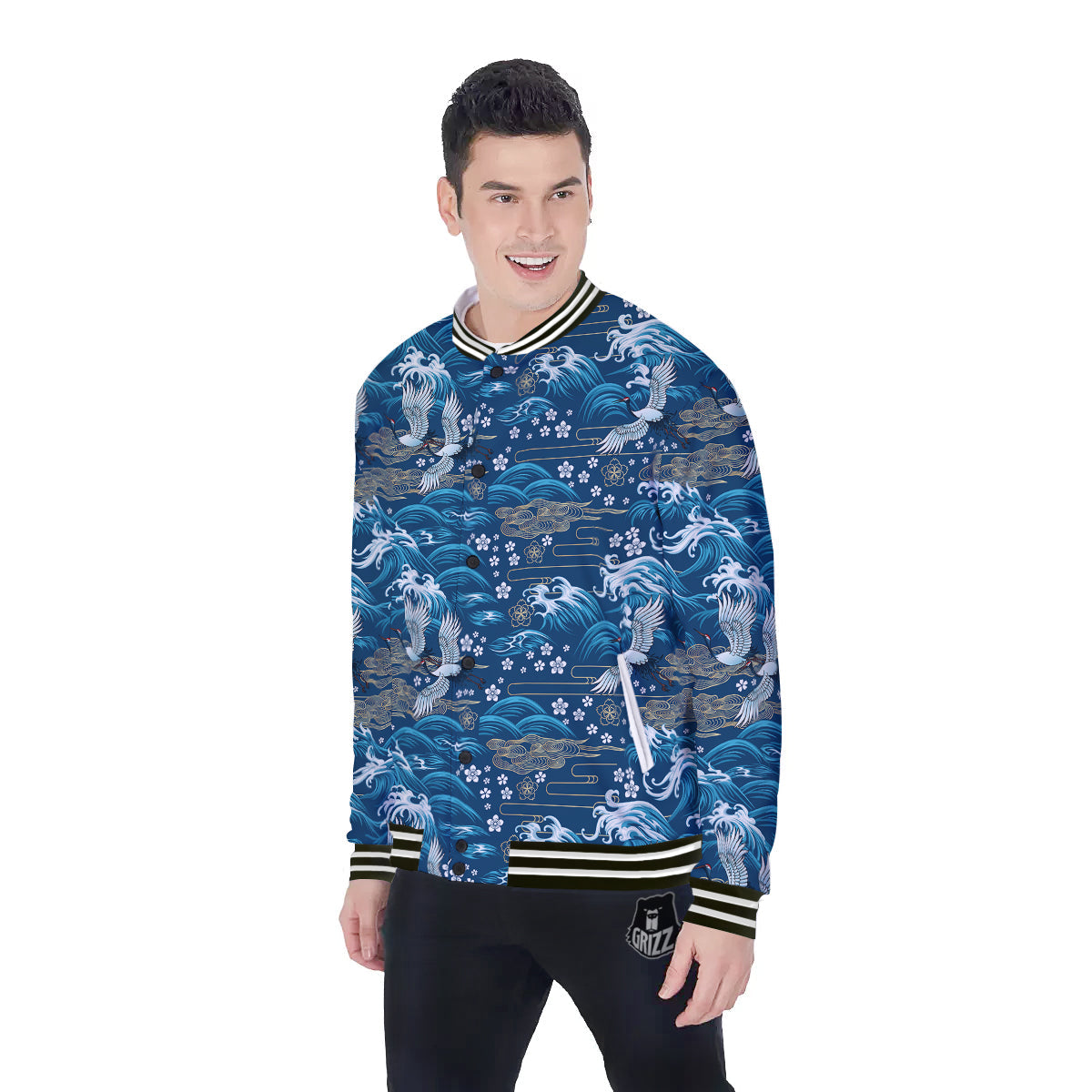 Blue Oriental Sea Print Pattern Baseball Jacket-grizzshop