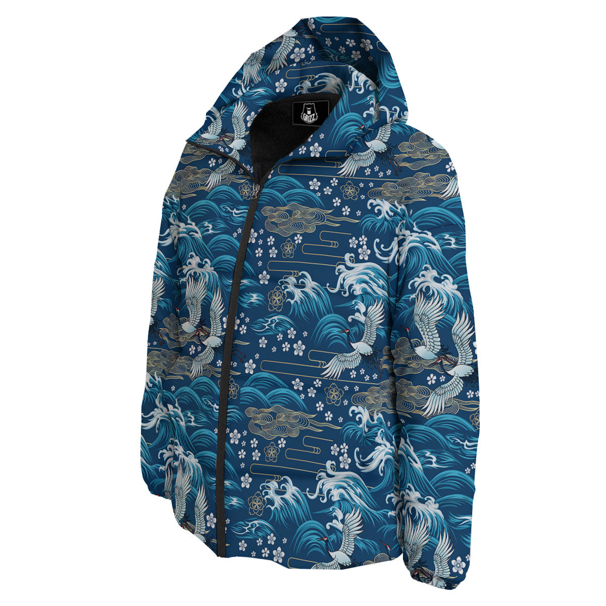 Blue Oriental Sea Print Pattern Down Jacket-grizzshop