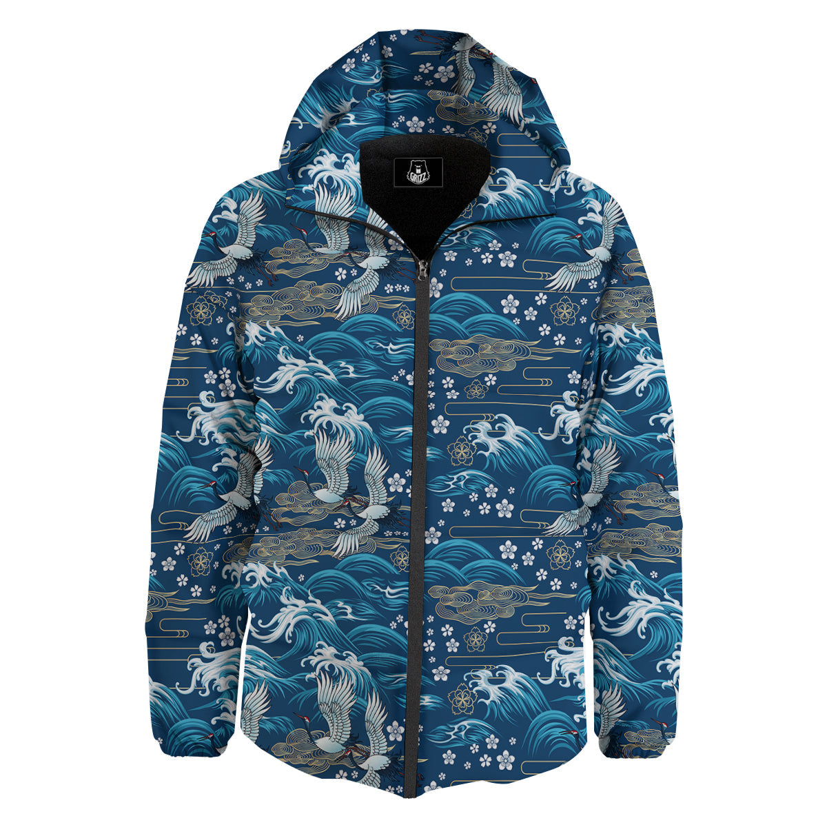 Blue Oriental Sea Print Pattern Down Jacket-grizzshop