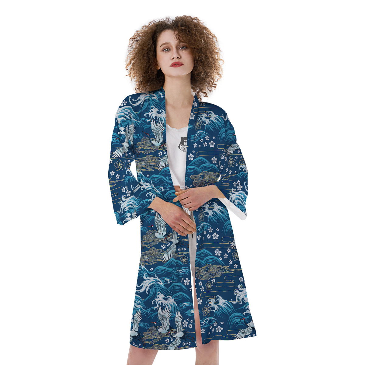 Blue Oriental Sea Print Pattern Kimono-grizzshop