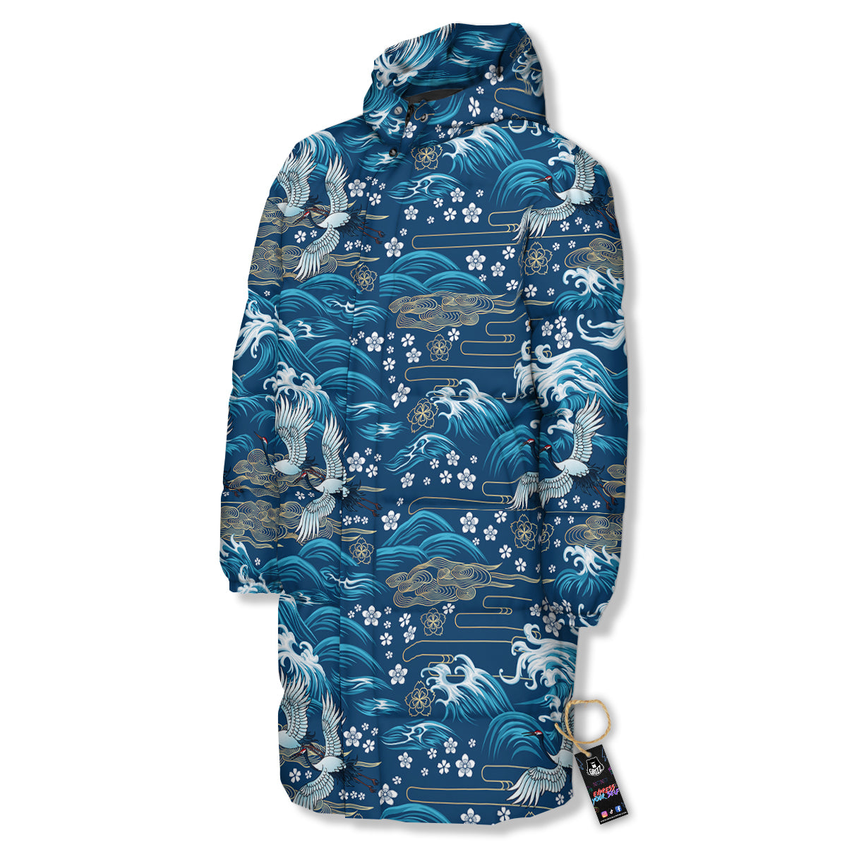 Blue Oriental Sea Print Pattern Long Down Jacket-grizzshop