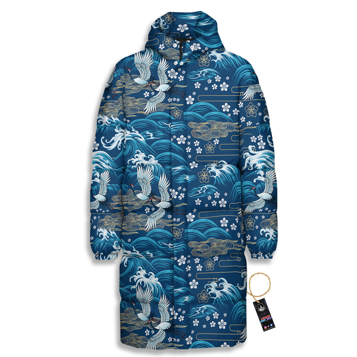 Blue Oriental Sea Print Pattern Long Down Jacket-grizzshop