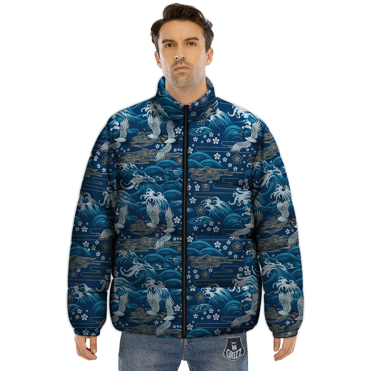 Blue Oriental Sea Print Pattern Puffer Jacket-grizzshop