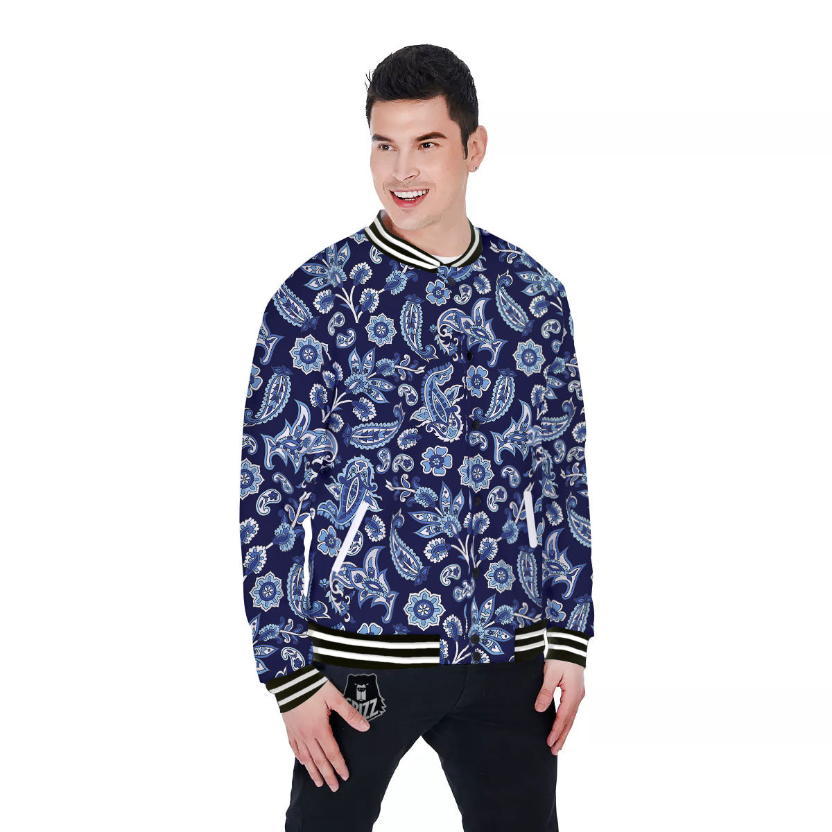 Blue Paisley Print Pattern Baseball Jacket-grizzshop