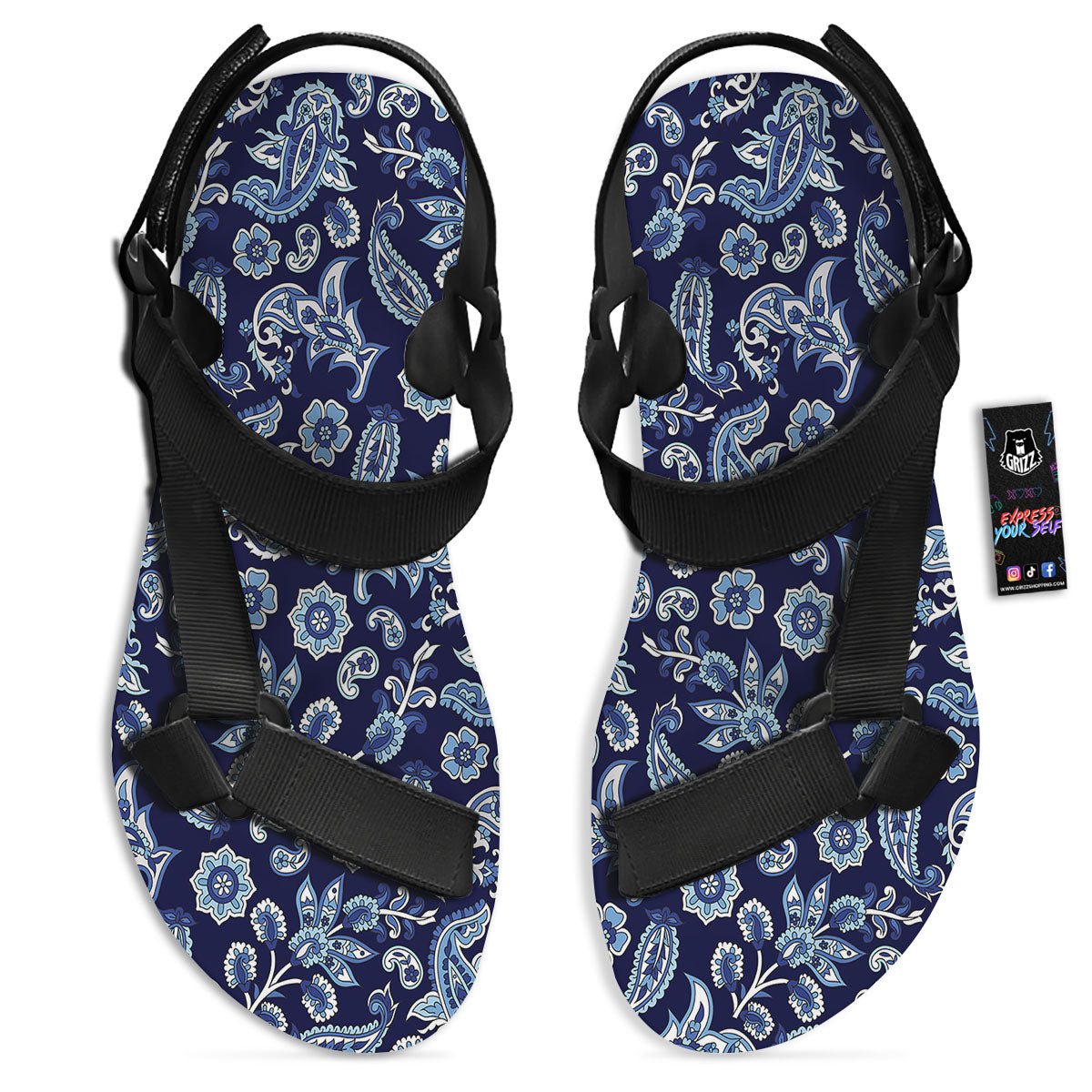 Blue Paisley Print Pattern Black Open Toe Sandals-grizzshop