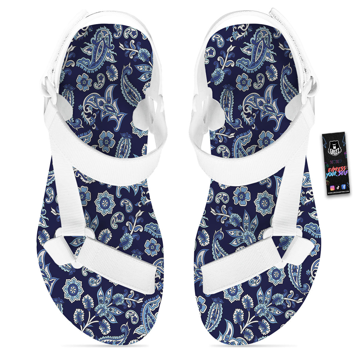 Blue Paisley Print Pattern White Open Toe Sandals-grizzshop