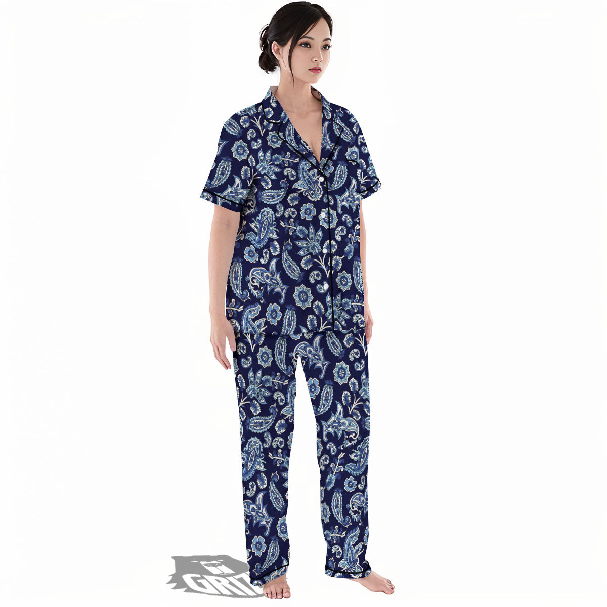 Blue Paisley Print Pattern Women's Pajamas Set-grizzshop