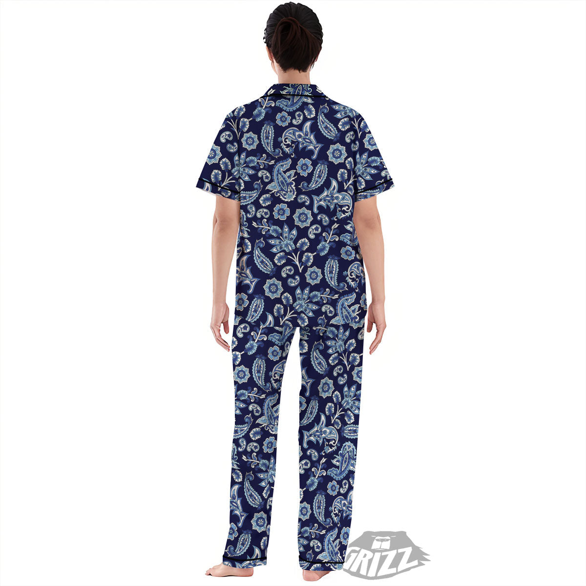 Blue Paisley Print Pattern Women's Pajamas Set-grizzshop