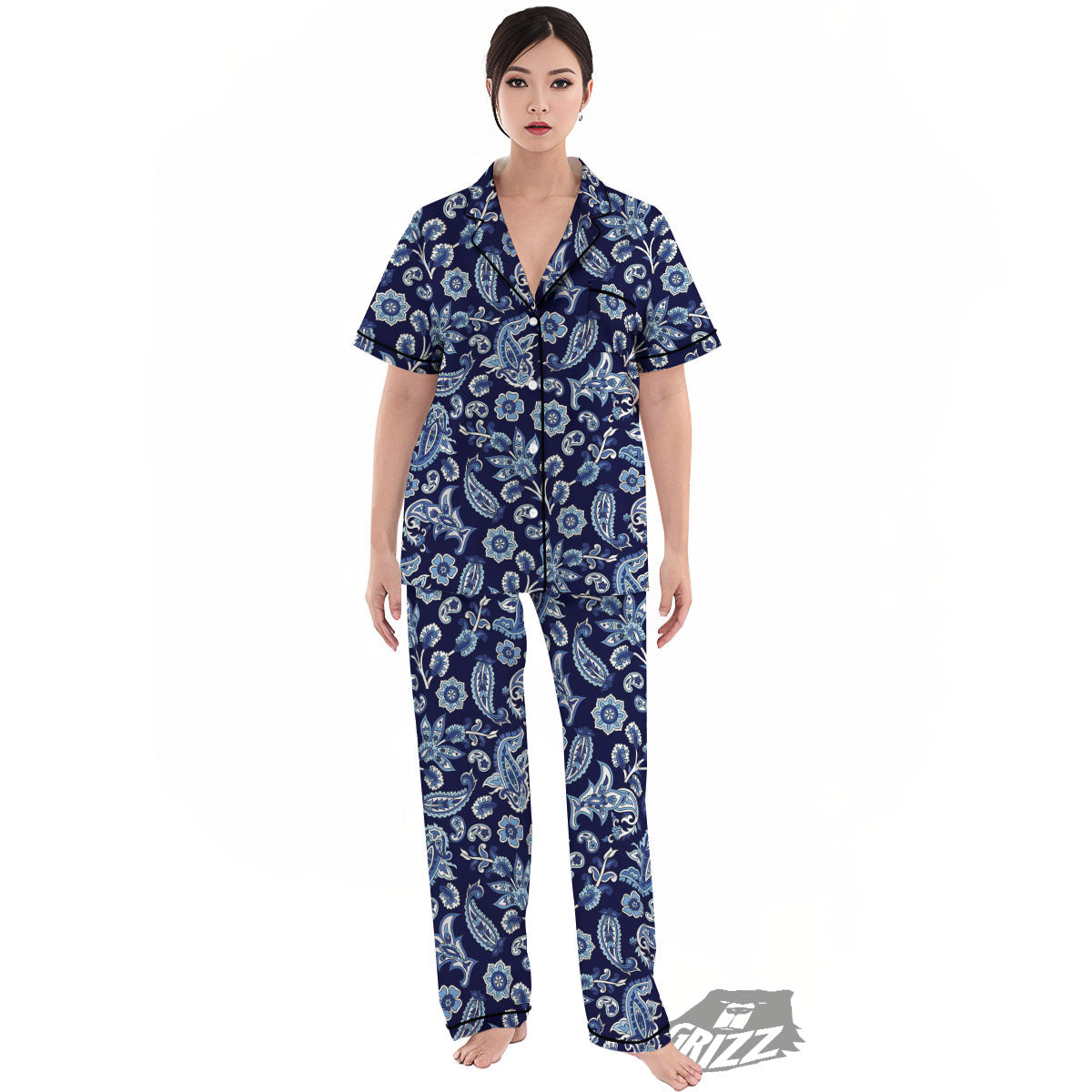 Blue Paisley Print Pattern Women's Pajamas Set-grizzshop