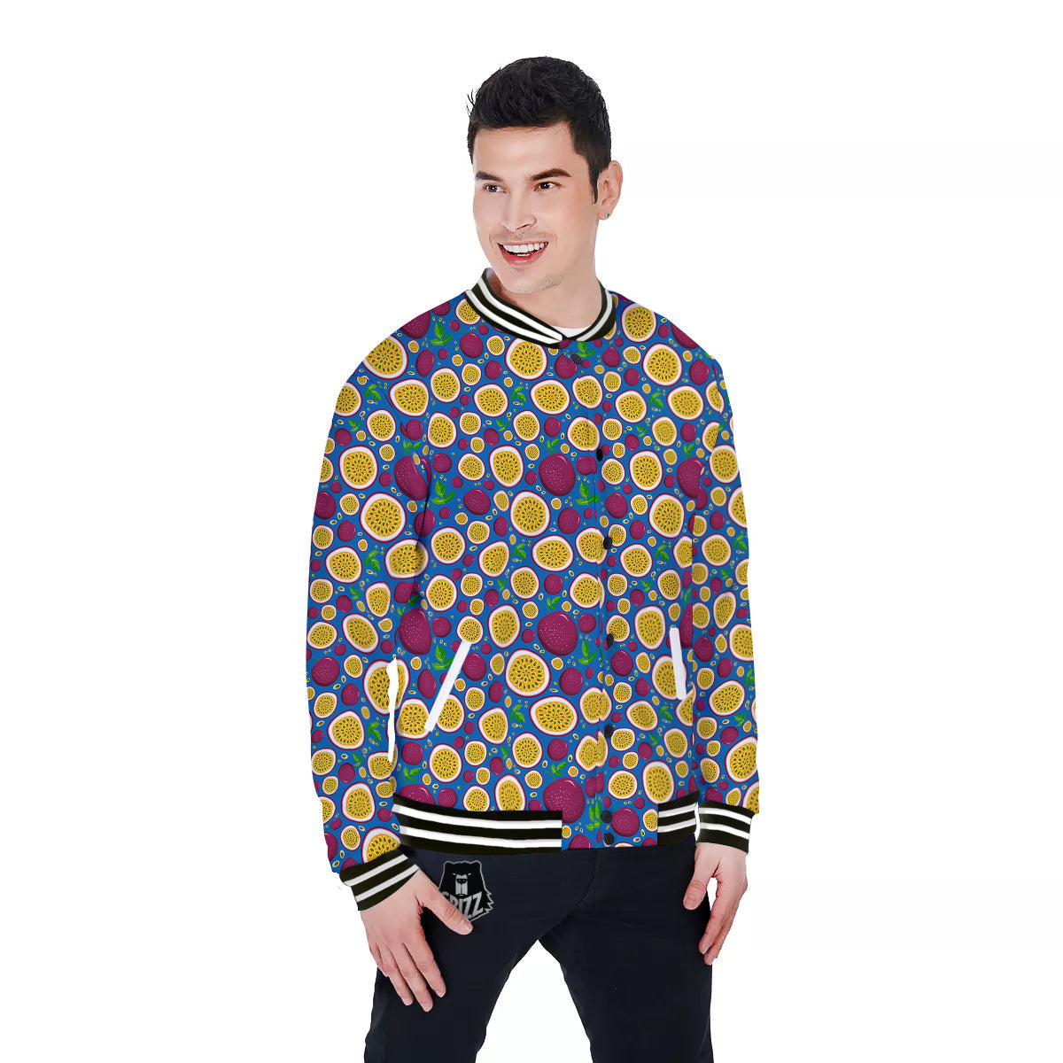 Blue Passion Fruit Print Pattern Baseball Jacket-grizzshop