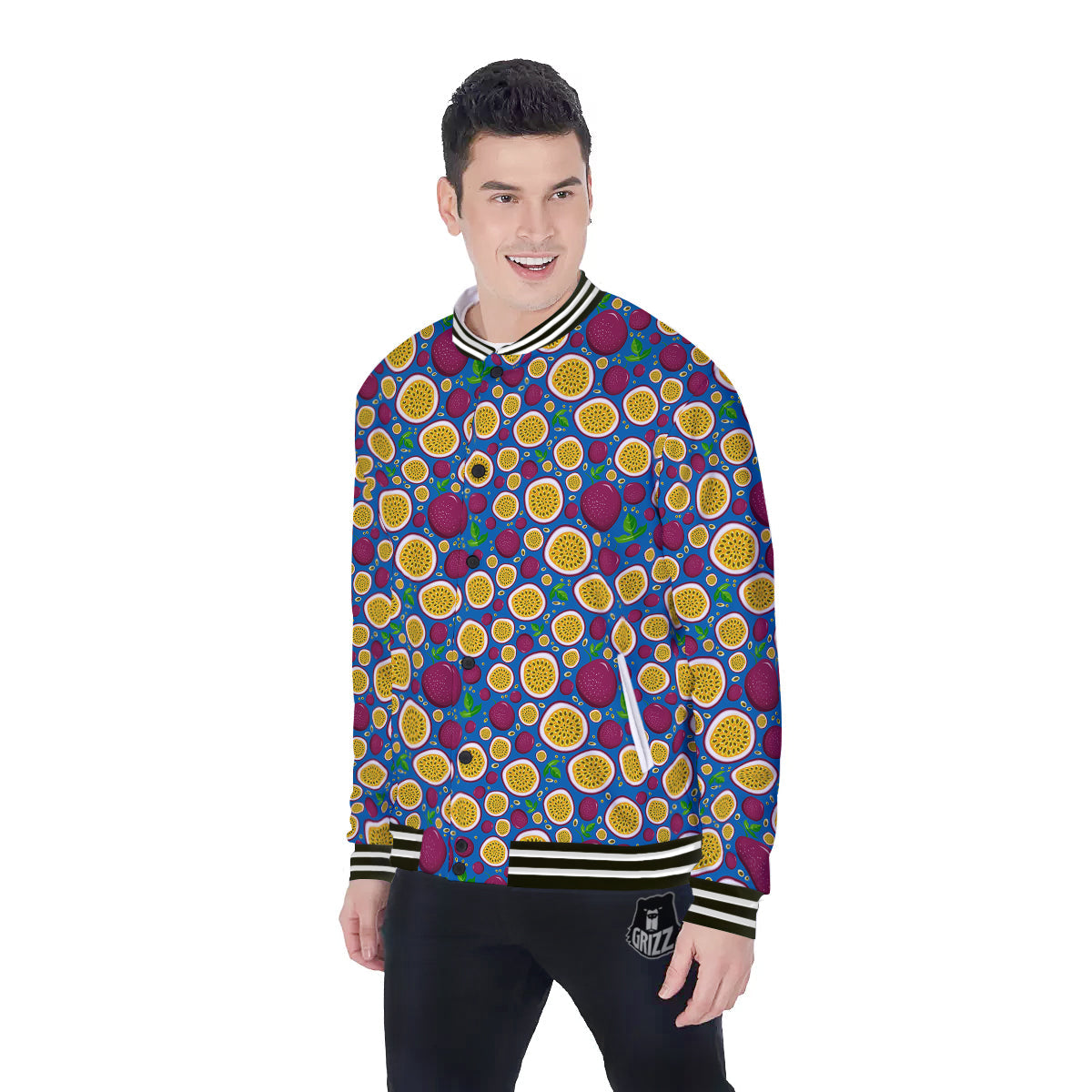 Blue Passion Fruit Print Pattern Baseball Jacket-grizzshop
