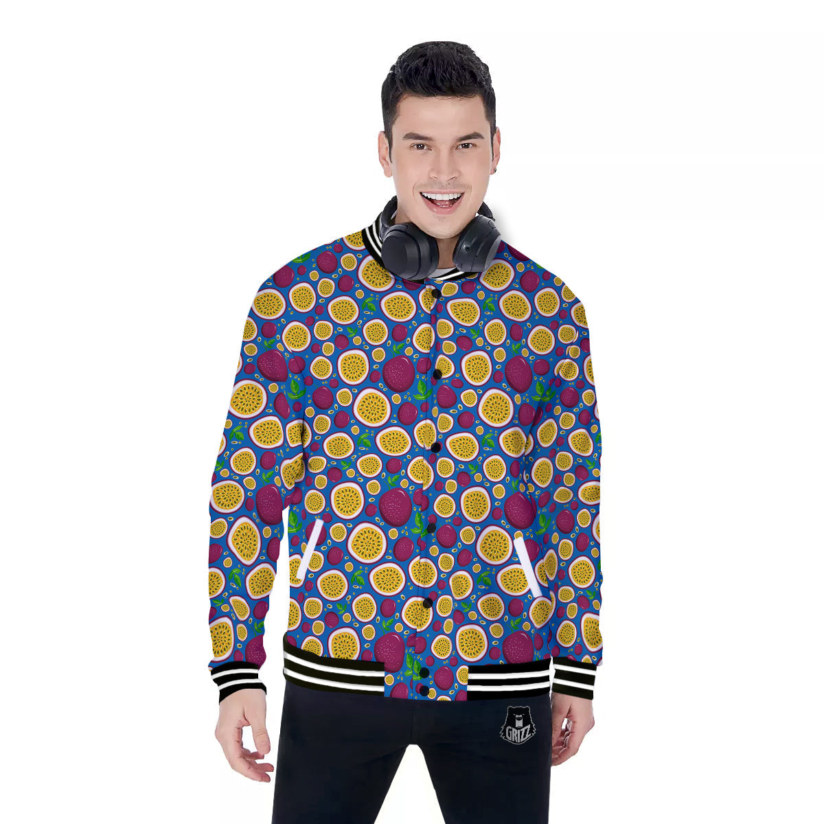 Blue Passion Fruit Print Pattern Baseball Jacket-grizzshop
