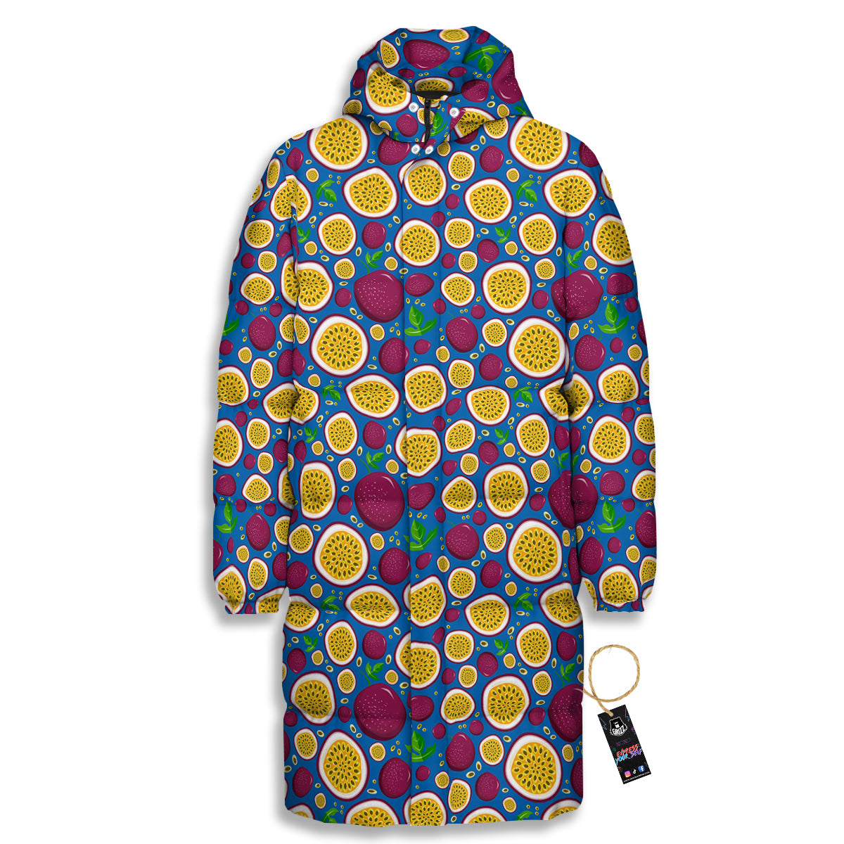Blue Passion Fruit Print Pattern Long Down Jacket-grizzshop