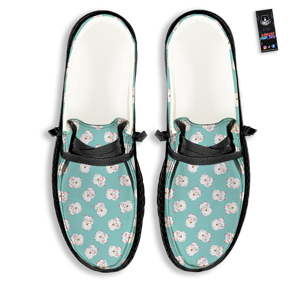 Blue Pastel Lucky Cat Print Pattern Black Loafers-grizzshop