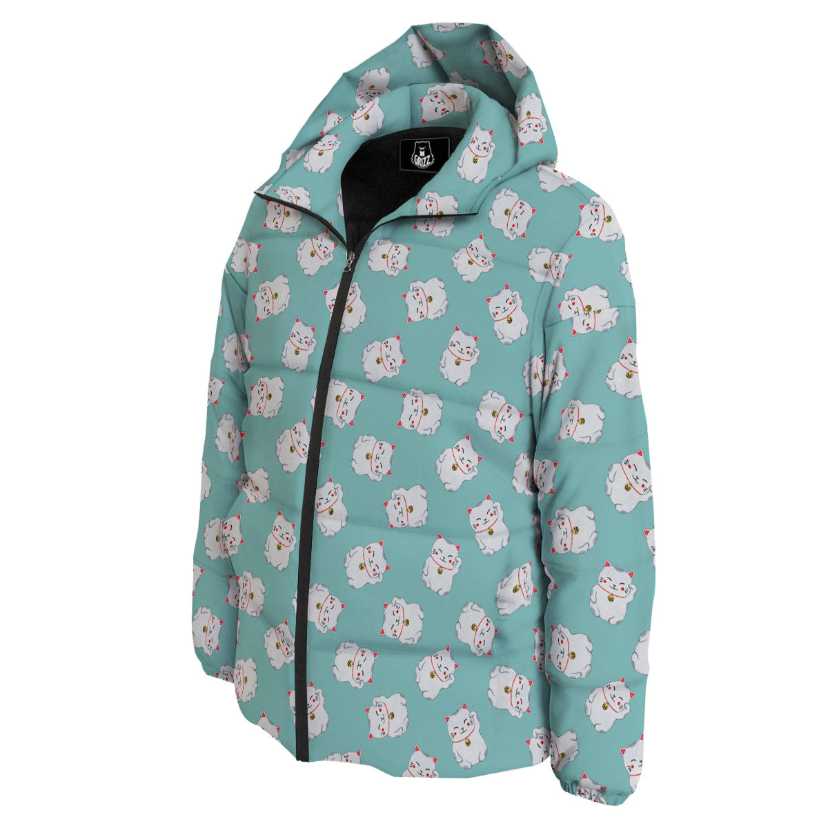 Blue Pastel Lucky Cat Print Pattern Down Jacket-grizzshop