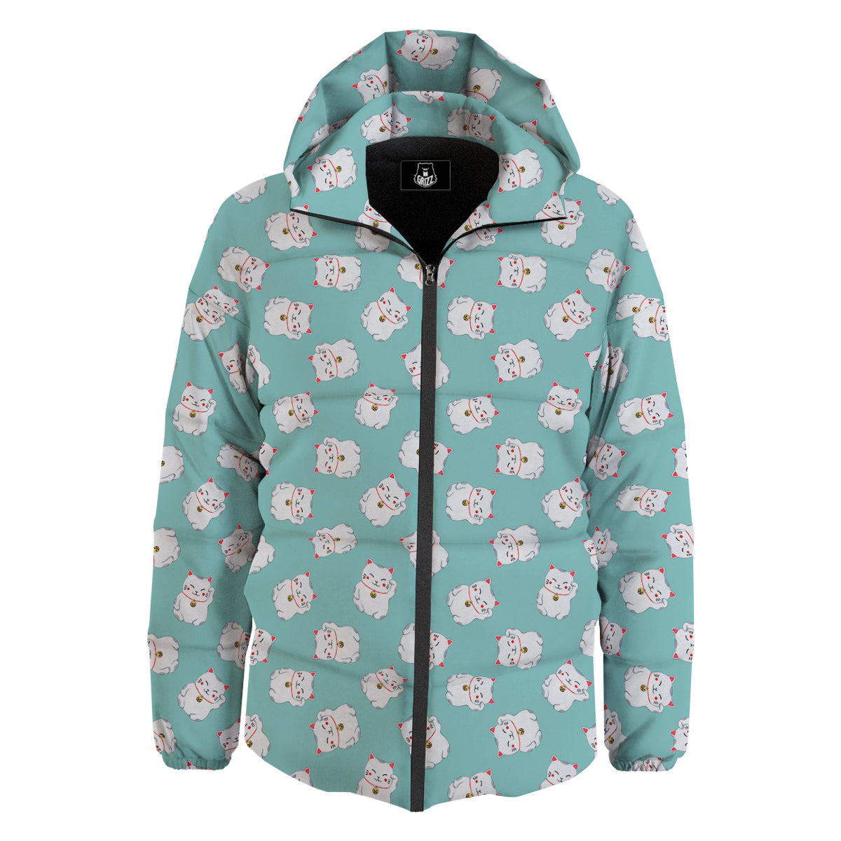 Blue Pastel Lucky Cat Print Pattern Down Jacket-grizzshop