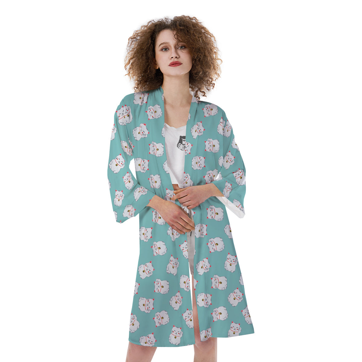Blue Pastel Lucky Cat Print Pattern Kimono-grizzshop