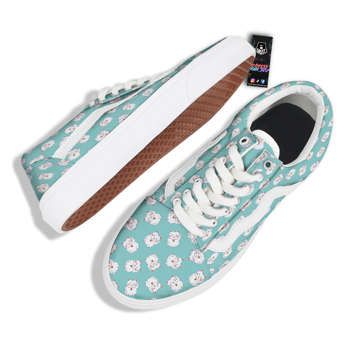 Blue Pastel Lucky Cat Print Pattern Skate Shoes-grizzshop