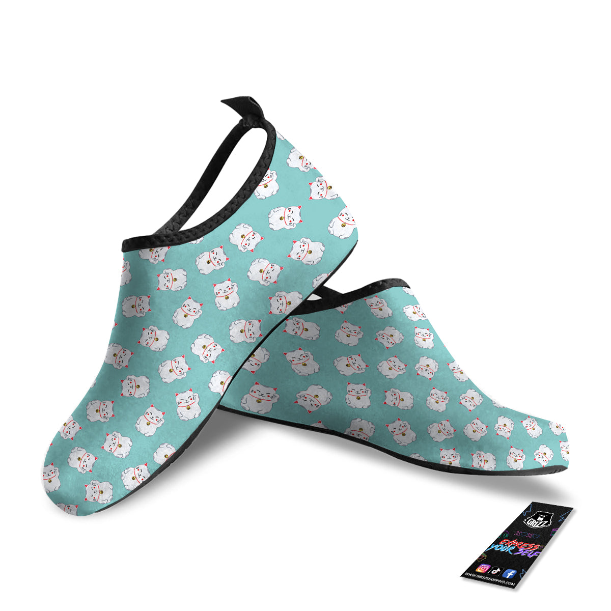 Blue Pastel Lucky Cat Print Pattern Water Shoes-grizzshop
