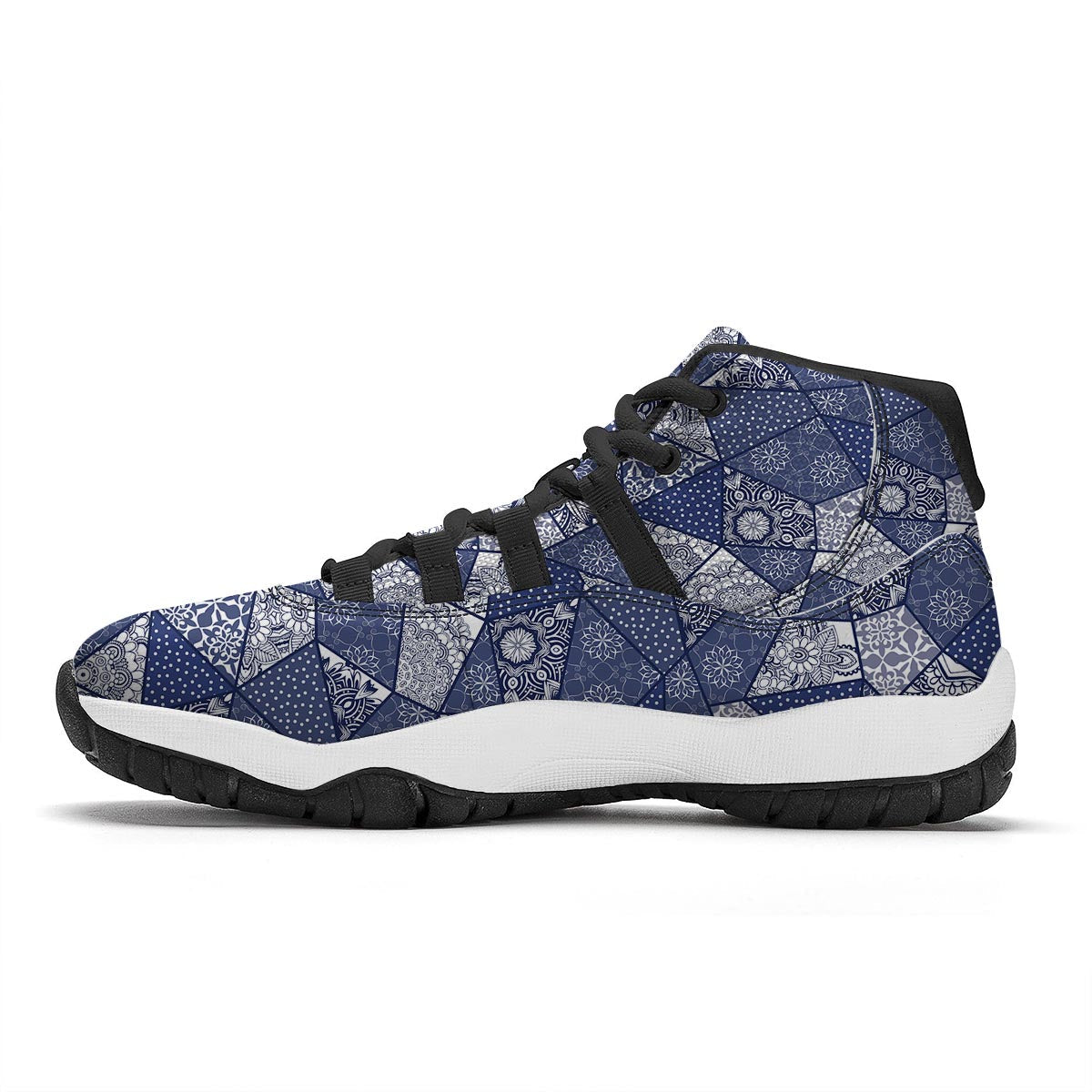 Blue Patchwork Pattern Print Black Bball Shoes-grizzshop