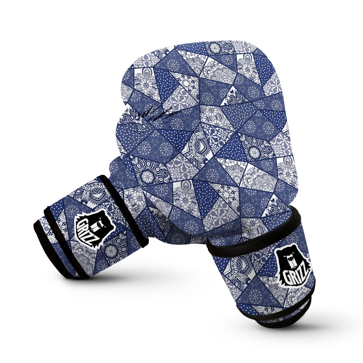 Blue Patchwork Pattern Print Boxing Gloves-grizzshop