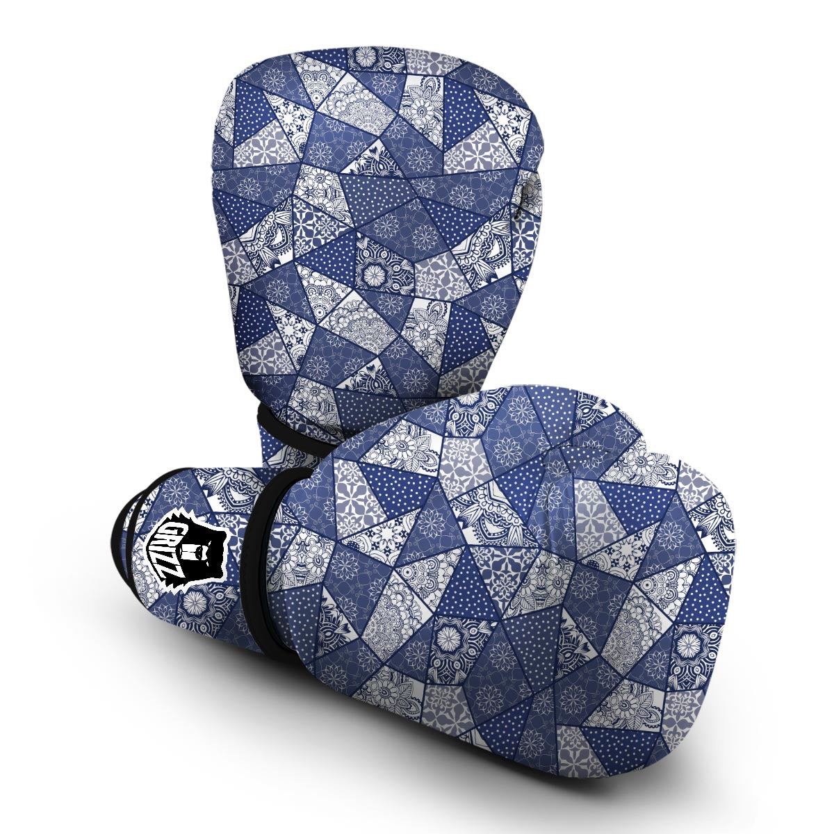 Blue Patchwork Pattern Print Boxing Gloves-grizzshop