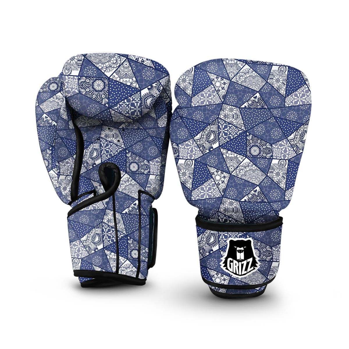 Blue Patchwork Pattern Print Boxing Gloves-grizzshop