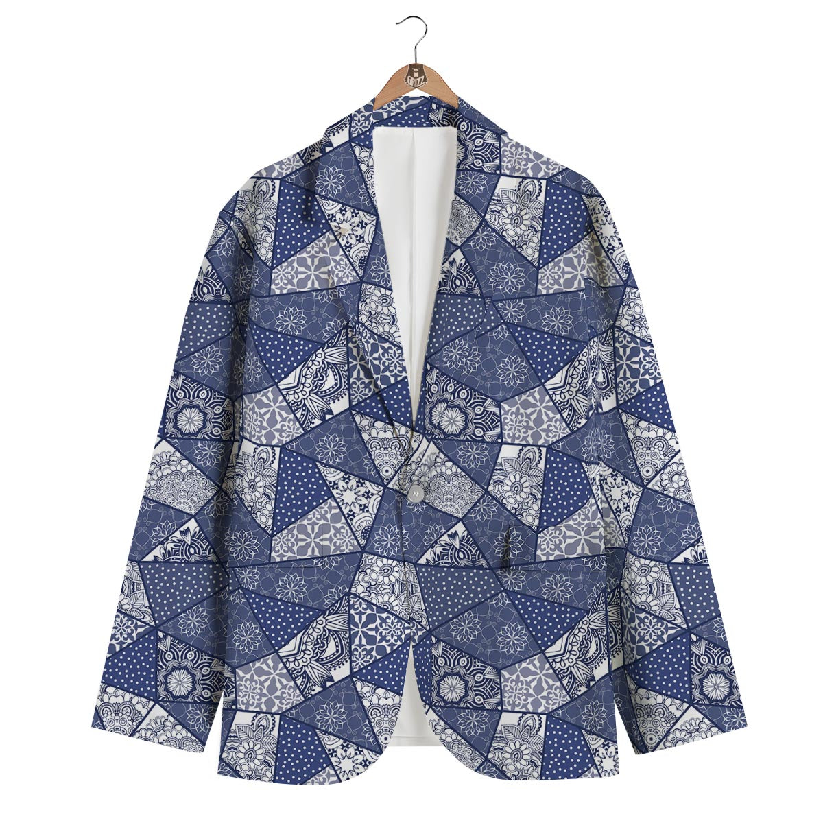 Blue Patchwork Pattern Print Men's Blazer-grizzshop