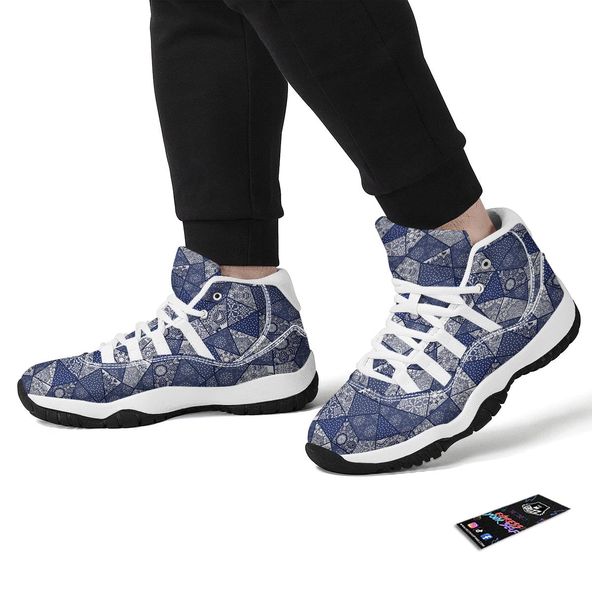 Blue Patchwork Pattern Print White Bball Shoes-grizzshop