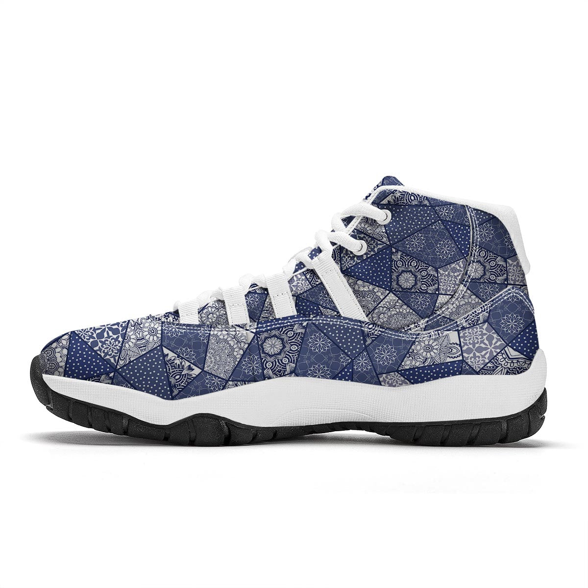 Blue Patchwork Pattern Print White Bball Shoes-grizzshop