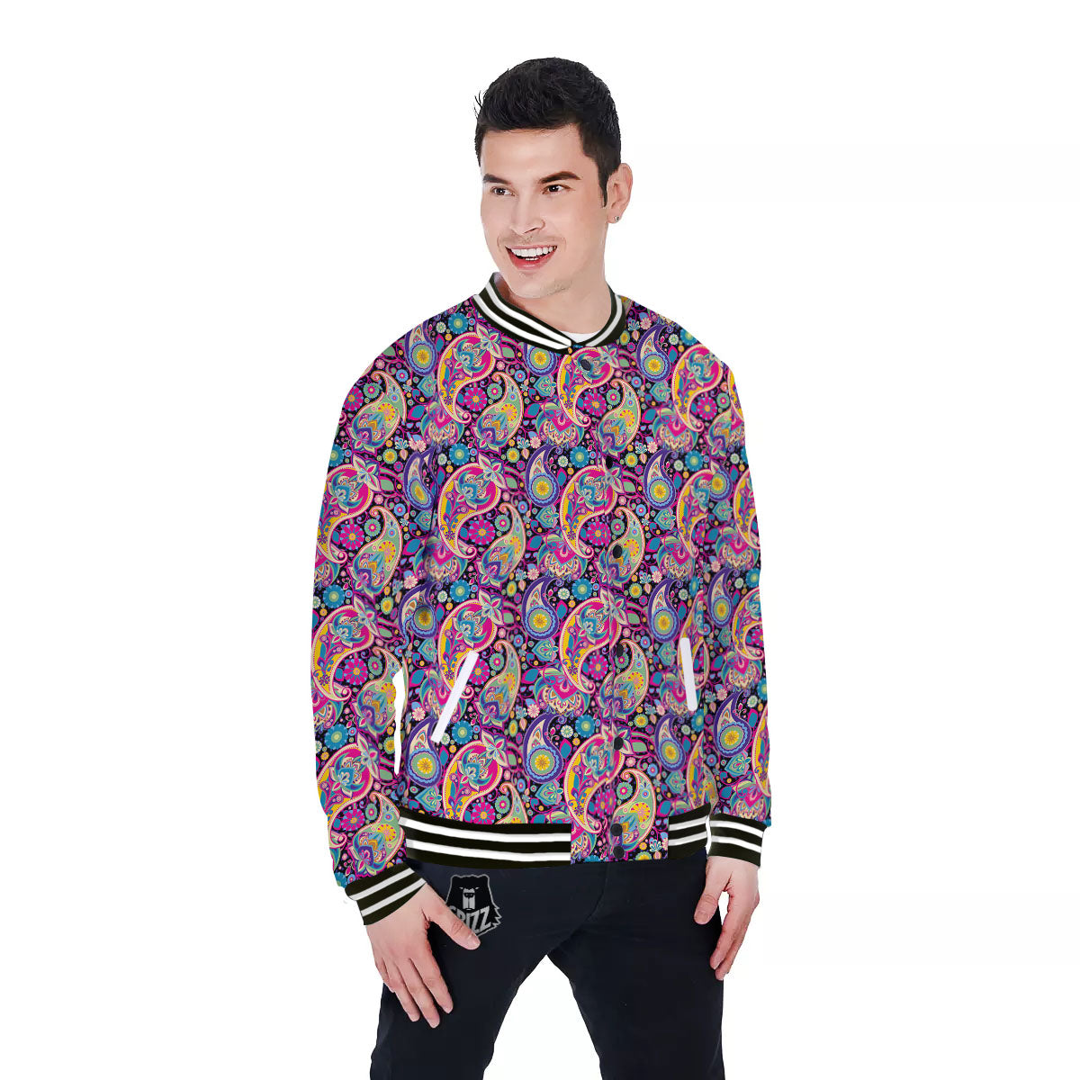 Blue Pink And Green Paisley Print Baseball Jacket-grizzshop