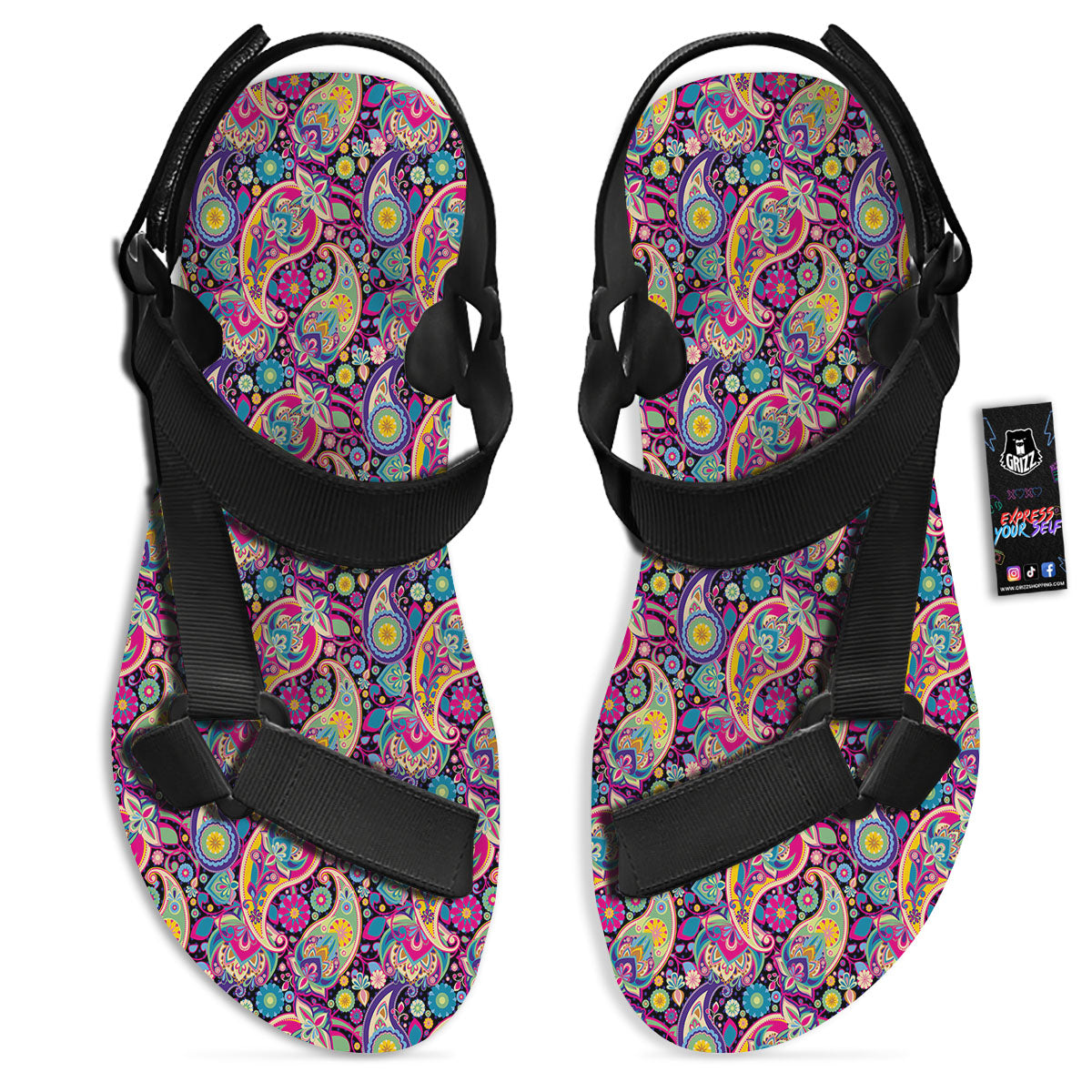 Blue Pink And Green Paisley Print Black Open Toe Sandals-grizzshop