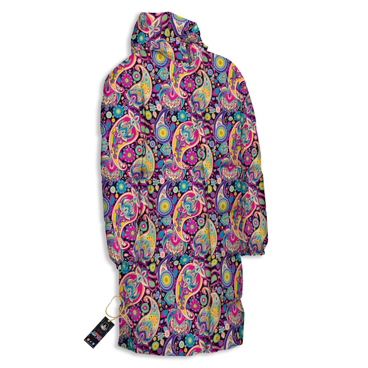 Blue Pink And Green Paisley Print Long Down Jacket-grizzshop