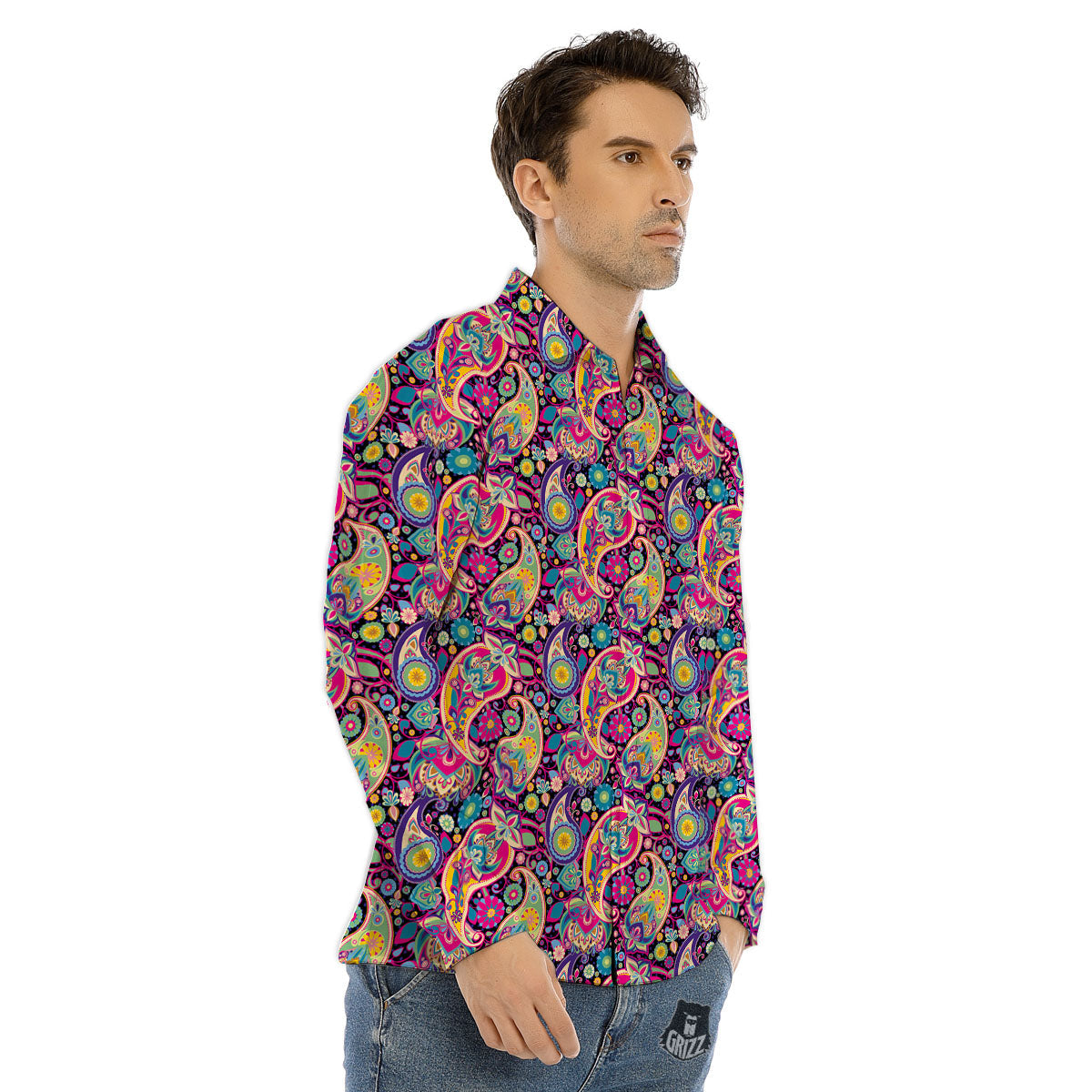 Blue Pink And Green Paisley Print Men's Dress Shirts-grizzshop