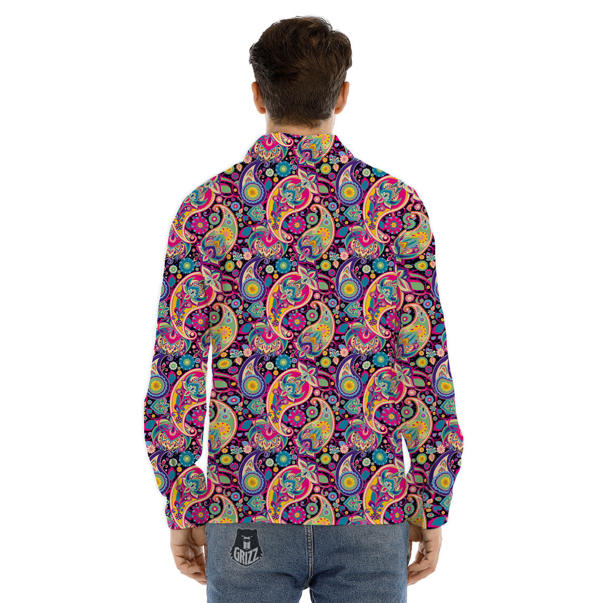 Blue Pink And Green Paisley Print Men's Dress Shirts-grizzshop