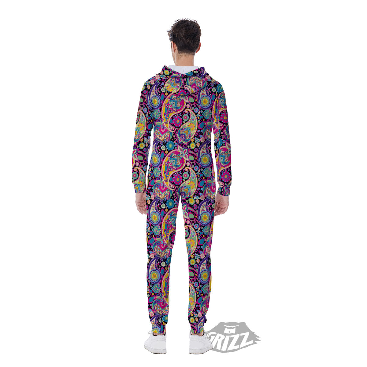 Blue Pink And Green Paisley Print Men's Jumpsuit-grizzshop