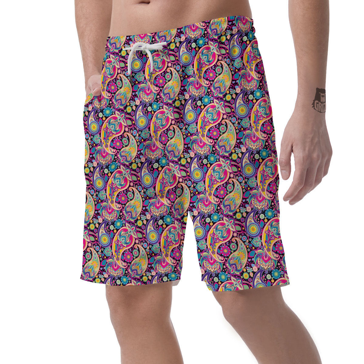 Blue Pink And Green Paisley Print Men's Shorts-grizzshop