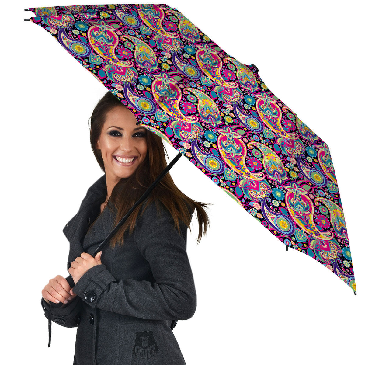 Blue Pink And Green Paisley Print Umbrella-grizzshop