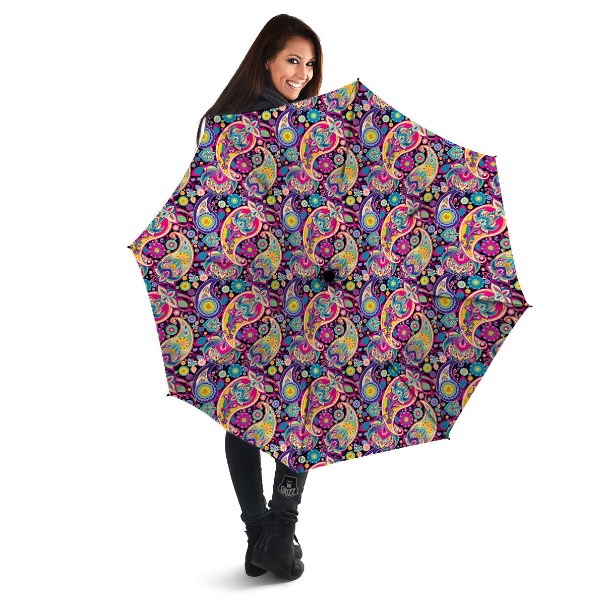 Blue Pink And Green Paisley Print Umbrella-grizzshop